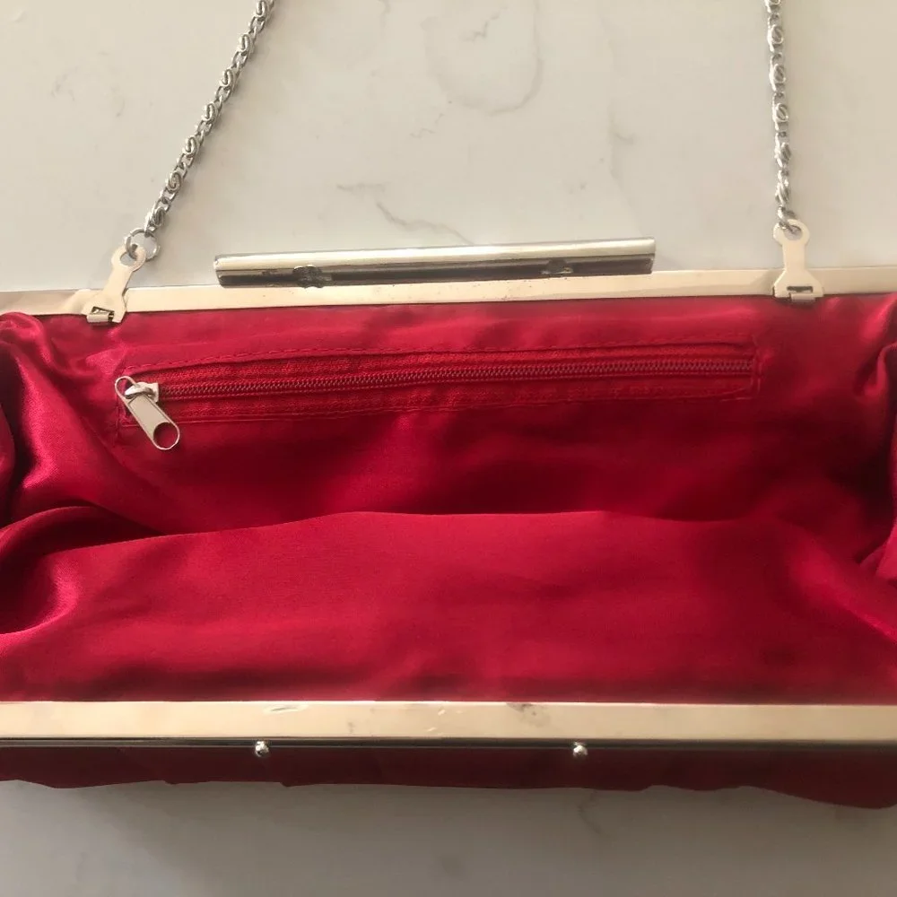 Red Satin Evening Bag w/Silver Accents
